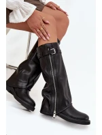 Kozaki Damskie Z Wywiniętą Cholewką Klamrą I Srebrnym Zamkiem Ocieplane Czarne Bressa