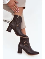 Skórzane Ażurowe Botki Damskie Na Słupku Zazoo 3647 Czekoladowe