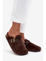 Futrzane Klapki Damskie Na Platformie Z Paskiem I Klamrą Brązowe Noraline