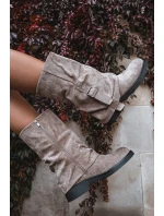 Kozaki Damskie Z Wywiniętą Cholewką Do Połowy Łydki Z Klamrą Khaki Minelle