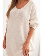 Dámske pletené vlnené šaty vo veľkosti plus size s výstrihom do V, svetlo béžové