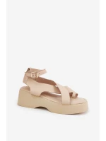 Sandały Damskie Na Platformie I Koturnie Eko Skórzane Beżowe Tenzorus