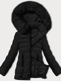 Čierna dámska prechodná prešívaná bunda s kožušinou na kapucni S'west (B8301-1)