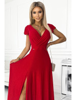 CRYSTAL - Dlhé červené lesklé dámske šaty s výstrihom 411-2
