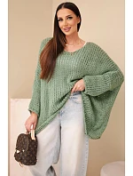 Dámsky oversized priehľadný sveter s výstrihom do V a predĺženou zadnou časťou v khaki farbe Dámsky oversized priehľadný sveter s výstrihom do V a predĺženou zadnou časťou v khaki farbe