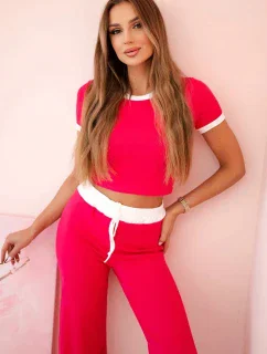 Súprava rebrovaná blúzka + široké nohavice fuchsiová