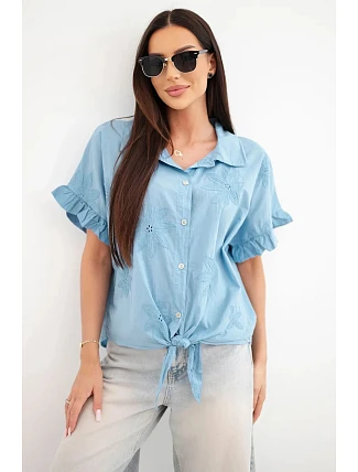 Dámske bavlnené tričko s kvetinovou výšivkou denim Dámske bavlnené tričko s kvetinovou výšivkou denim