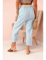 Dámske ľanové nohavice s bavlnou a opaskom modré