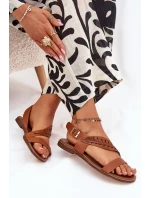 Sandały Damskie Z Naturalnej Skóry Na Płaskim Obcasie Zazoo 3564 Camel