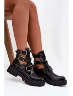 Lakierowane Botki Damskie Z Paskami I Srebrnymi Klamrami Czarne Helisse