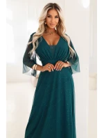 654-1 Dlhé lesklé plus size šaty s výstrihom a priehľadnými rukávmi - fľaškovo zelené 654-1 Dlhé lesklé plus size šaty s výstrihom a priehľadnými rukávmi - fľaškovo zelené