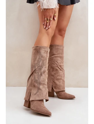 Zdobione Kozaki Z Wywiniętą Cholewką Na Słupku Ciemnobeżowe Ivilta