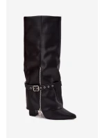 Kozaki Damskie Wsuwane Na Słupku Z Ozdobnym Paskiem Eko Skórzane Czarne Jolivine