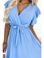 455-2 Šaty CORNELIA s volánom, výstrihom a viazaním - MODRÉ