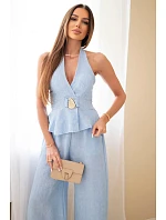 Dámsky viskózový uzlíkový top a nohavice so širokými nohavicami modré Dámsky viskózový uzlíkový top a nohavice so širokými nohavicami modré