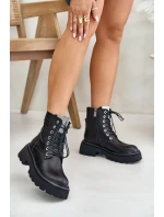 Ocieplane Skórzane Botki Workery Damskie Z Cyrkoniami GOE OO2N4125 Czarne