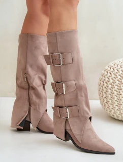 Kozaki Na Słupku Z Wywiniętą Cholewką I Klamrami Beżowe Vamissa