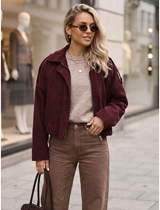 Dámska krátka bordová kordová bunda FashionStreet TY6019