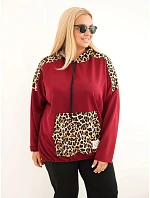 Dámska mikina Plus Size z viskózy s kapucňou a vložkami s leopardím vzorom, bordó-červená Dámska mikina Plus Size z viskózy s kapucňou a vložkami s leopardím vzorom, bordó-červená