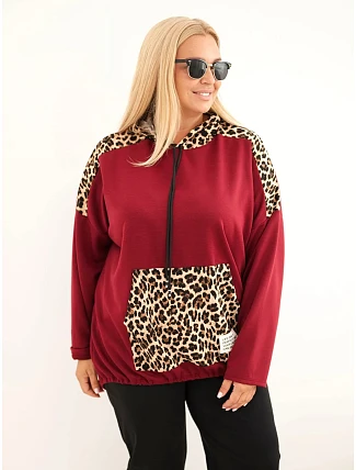 Dámska mikina Plus Size z viskózy s kapucňou a vložkami s leopardím vzorom, bordó-červená Dámska mikina Plus Size z viskózy s kapucňou a vložkami s leopardím vzorom, bordó-červená
