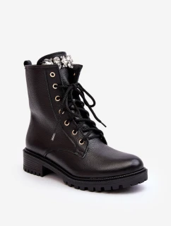 Skórzane Damskie Botki Workery Z Ozdobą Zazoo 1757 Czarne