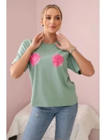 Bavlnená blúzka s kvetinovou potlačou tmavá mäta