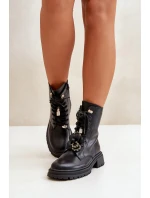 Eko Skórzane Botki Workery Damskie Z Przypinkami Czarne Rianael