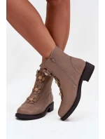 Skórzane Botki Damskie Z Ozdobnymi Kwiatkami Ocieplane Beżowe Belverine