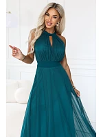 662-4 Elegantné večerné maxi šaty s výstrihom za krkom, tylom a viazaním v páse – zelené 662-4 Elegantné večerné maxi šaty s výstrihom za krkom, tylom a viazaním v páse – zelené
