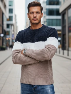 Pánsky sveter s okrúhlym výstrihom tmavo modrý a béžový FashionStreet WX2321