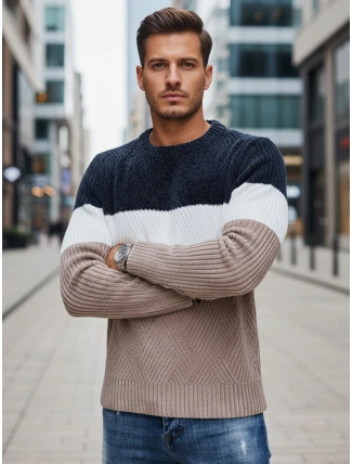 Pánsky sveter s okrúhlym výstrihom tmavo modrý a béžový FashionStreet WX2321