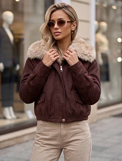 Dámska zimná semišová bunda s kožušinou, vínová, FashionStreet TY5699