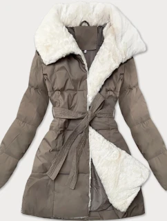 Dámska bunda so stojačikom a kožušinou J Style tmavo béžová (16M9165-84)