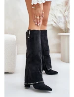 Kozaki Damskie Z Wywiniętą Cholewką Na Słupku Czarne Kaithena