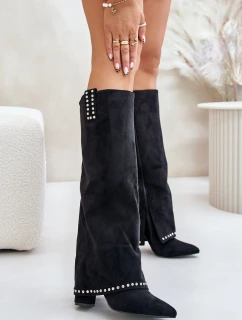 Kozaki Damskie Z Wywiniętą Cholewką Na Słupku Czarne Kaithena