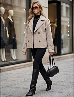 Krátky dámsky dvojradový kabát s klopami, béžový, FashionStreet TY6030 Krátky dámsky dvojradový kabát s klopami, béžový, FashionStreet TY6030