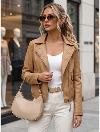 Dámska kožená bunda v štýle Ramones v béžovej farbe FashionStreet TY5714 Dámska kožená bunda v štýle Ramones v béžovej farbe FashionStreet TY5714