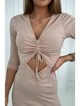 Rebrované šaty s viazaným výstrihom béžovej