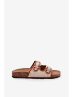 Materiałowe Klapki Damskie Na Korkowej Platformie Z Klamrami Camel Osoffe