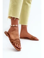 Klapki Damskie Eko Skórzane Na Płaskim Obcasie Brązowe Moldela