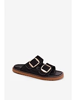 Dámské pantofle z imitace semiše s zlatými přezkami Černé Averia