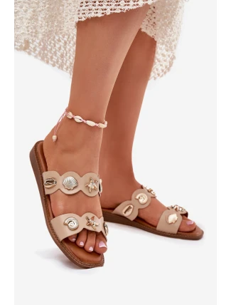 Klapki Damskie Ze Złotymi Przypinkami Beżowe Jenoriela