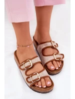 Materiałowe Klapki Damskie Na Korkowej Platformie Z Klamrami Camel Osoffe