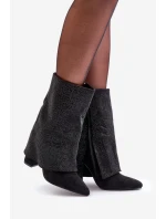 Zdobione Błyszczące Botki Z Wywiniętą Cholewką Na Słupku Ocieplane Czarne Xistaria