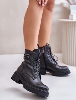 Zazoo 60486 Skórzane Botki Workery Ocieplane Czarne