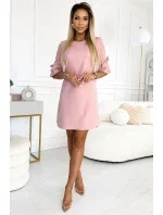 217-9 NEVA Trapézové šaty s rozšírenými rukávmi - púdrovo ružové s trblietkami 217-9 NEVA Trapézové šaty s rozšírenými rukávmi - púdrovo ružové s trblietkami