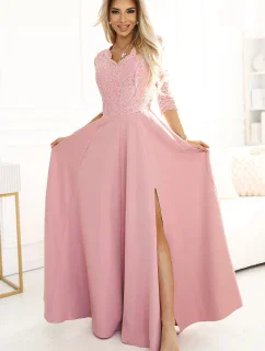309-13 AMBER elegantné dlhé čipkované šaty s výstrihom - púdrovo ružové
