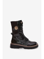 Lakierowane Botki Workery Damskie Ze Złotym Detalem Ocieplane Czarne Dorialine