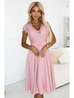 381-6 LINDA ľahké šifónové šaty s čipkovým výstrihom - BRUCE PINK