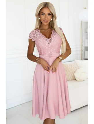 381-6 LINDA ľahké šifónové šaty s čipkovým výstrihom - BRUCE PINK